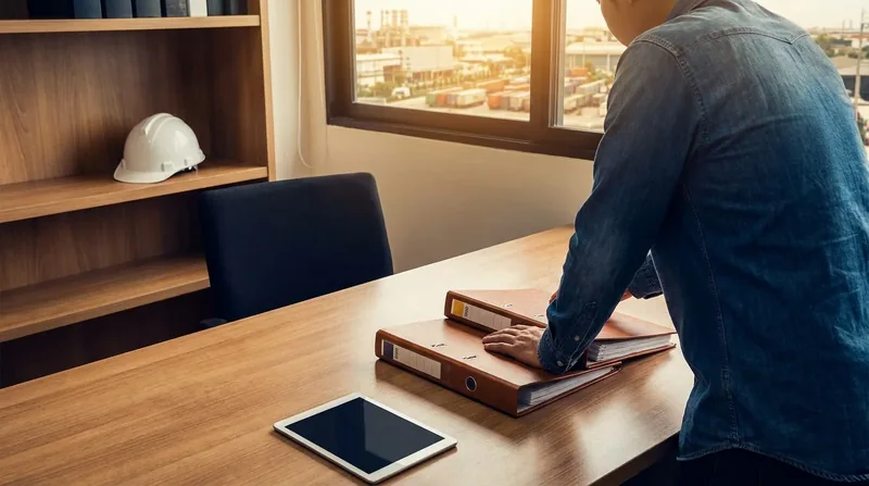 Small-business owner reviewing payroll and insurance folders at a tidy desk, Indiana Workers' Compensation