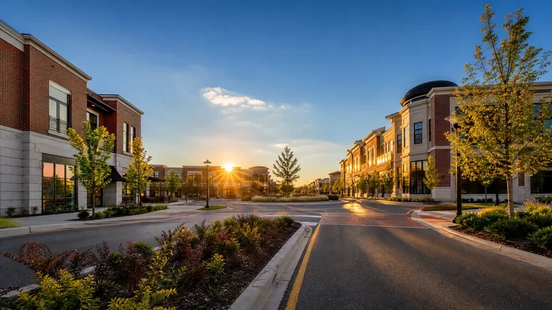 A Midwestern suburban town-center street near Indianapolis: new brick-and-stone mixed-use buildings, Hamilton County Business License