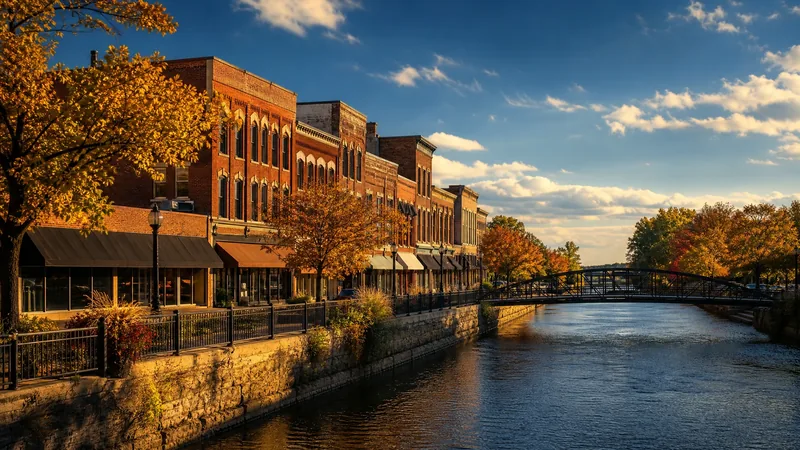 A northern Indiana small-city downtown: brick storefronts with awnings beside a slow river, Elkhart County Business License