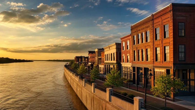 A southern Indiana river-city street: brick commercial buildings stepping down toward a wide brown river with a floodwall edge, Clark and Floyd County Business License