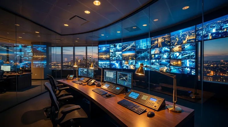 Security operations desk with a wall of camera monitors, How to Start a Security Guard Company in Indiana