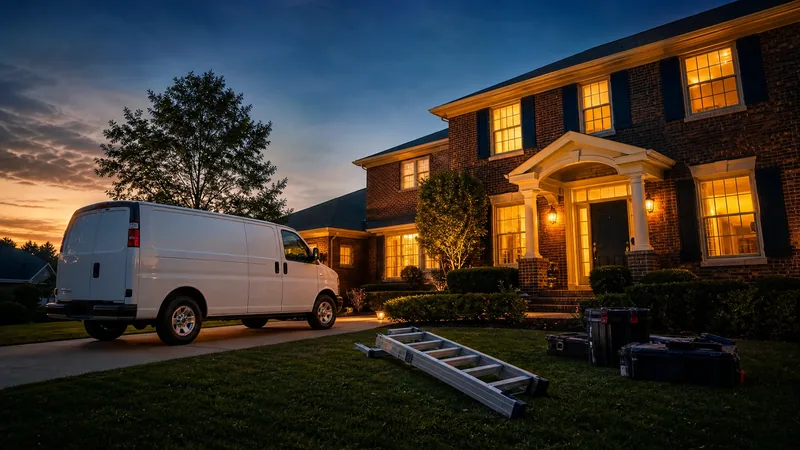 A clean white service van in the driveway of a brick suburban house with tool cases staged on the lawn, How to Start a Pest Control Business in Indiana
