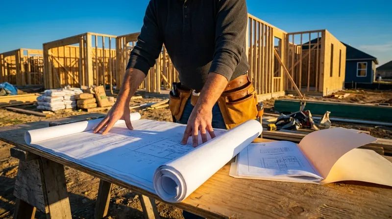 Contractor reviewing blueprints at a framed residential jobsite, Indiana Contractor License Requirements by City