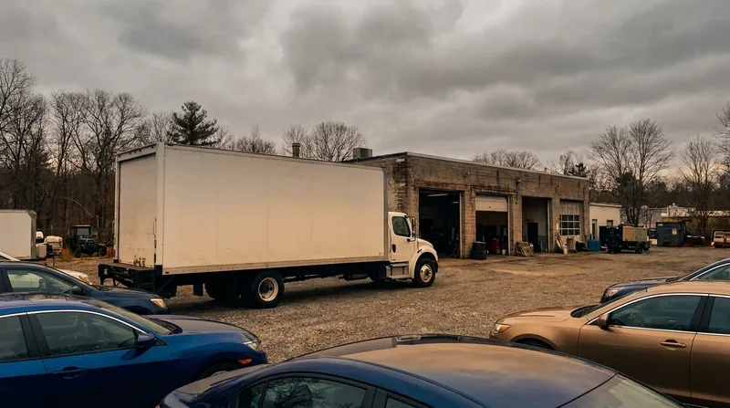 Used-car lot and a box truck outside a garage under an overcast sky, How to Start an RV Dealership in Indiana