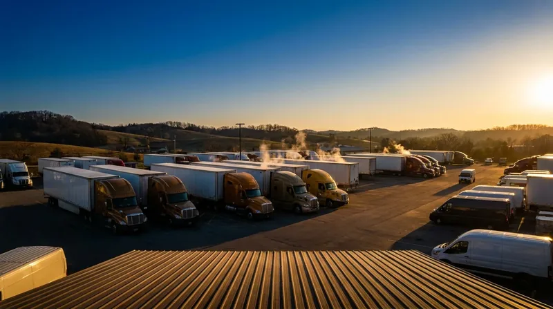 Box trucks and semis parked at a logistics yard at sunrise, How to Start a Moving Company in Indiana